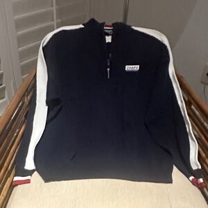 Chaps Ralph Lauren Vintage Men's Black Zip-Up Sweater with White Stripes